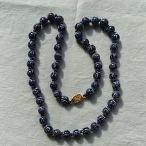 Classic Blue and White Double Happiness Beaded Necklace with Gold Clasp. 12”long